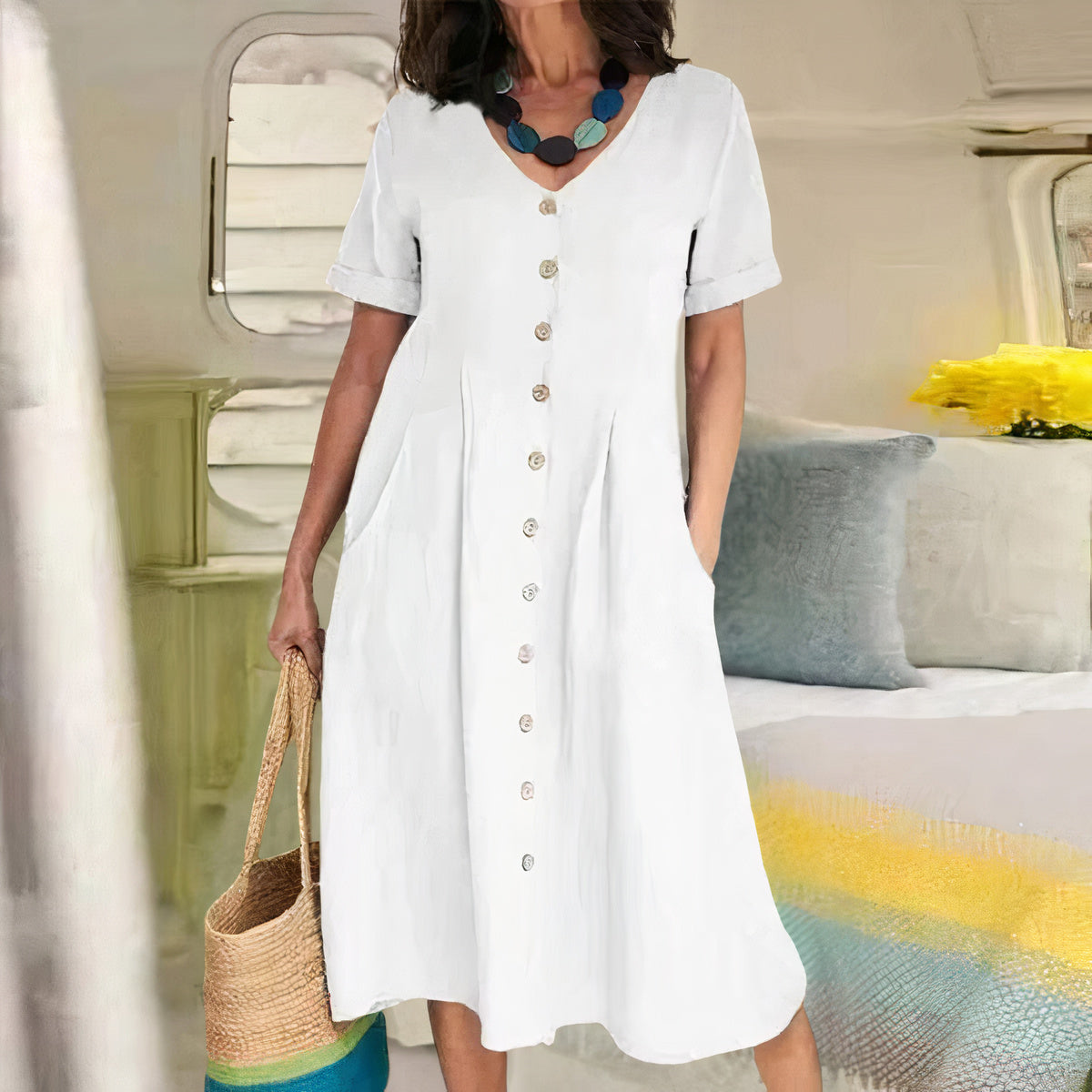 Women's Button-Front Midi Dress with Pockets and Short Sleeves
