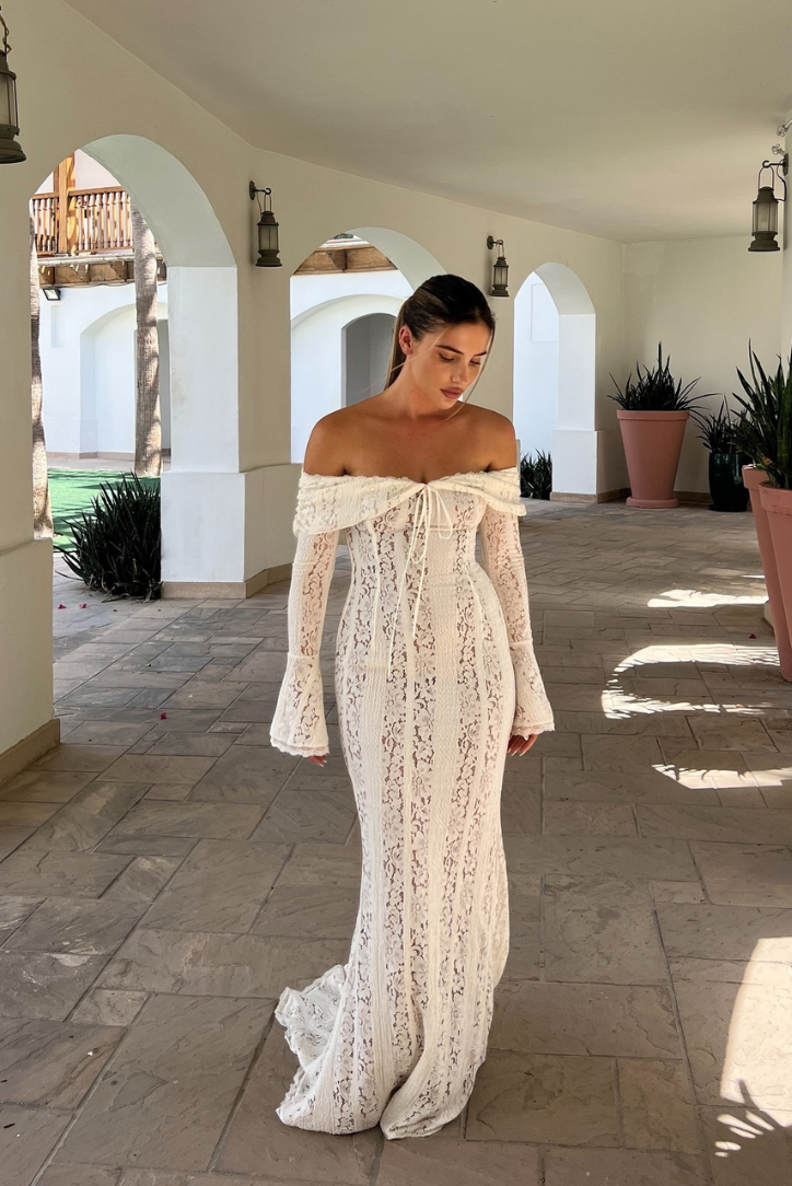 Women's Off-Shoulder Lace Maxi Dress with Flared Sleeves and Tie Front