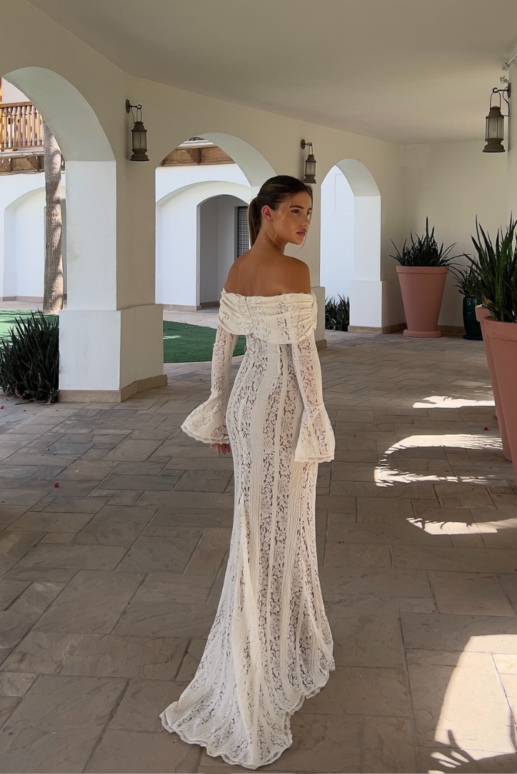 Women's Off-Shoulder Lace Maxi Dress with Flared Sleeves and Tie Front