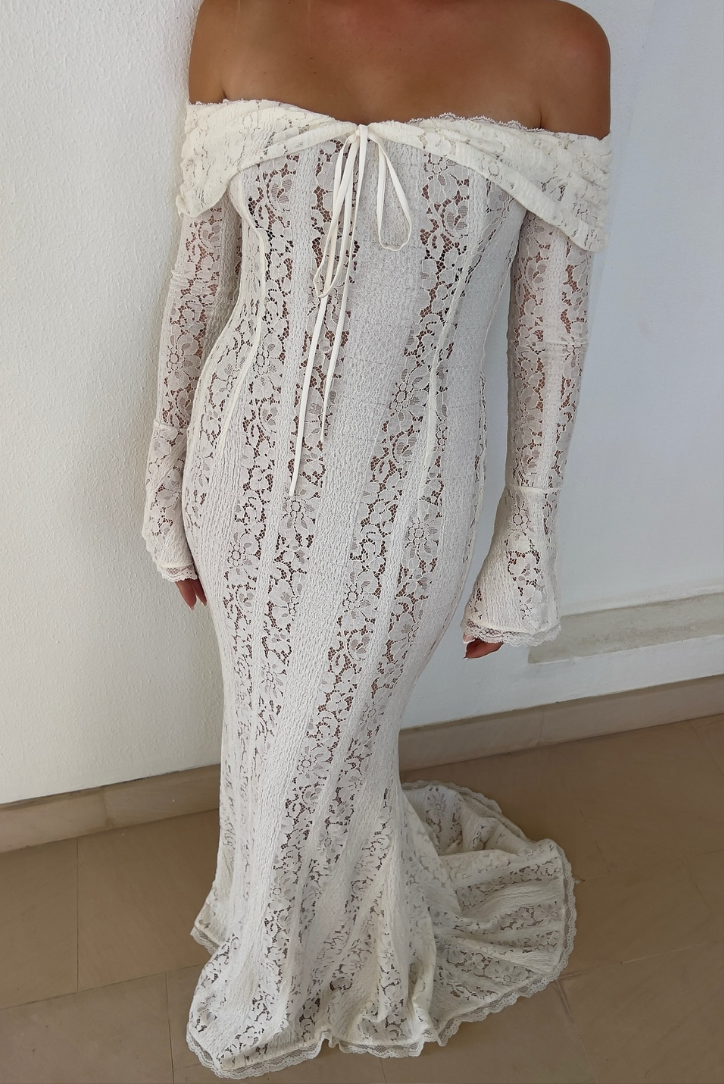 Women's Off-Shoulder Lace Maxi Dress with Flared Sleeves and Tie Front