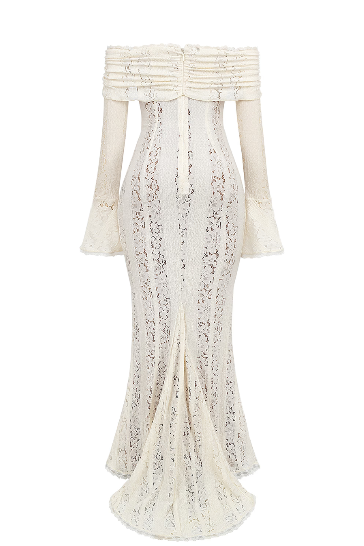 Women's Off-Shoulder Lace Maxi Dress with Flared Sleeves and Tie Front