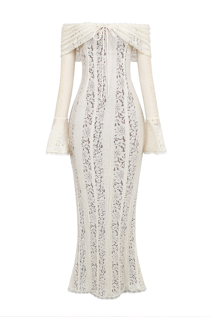 Women's Off-Shoulder Lace Maxi Dress with Flared Sleeves and Tie Front