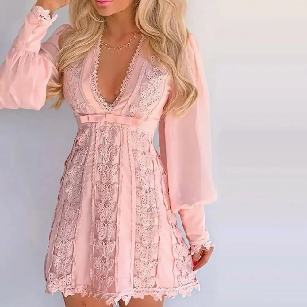 Women’s Long Sleeve Mini Dress with Lace Trim and Deep V-Neck