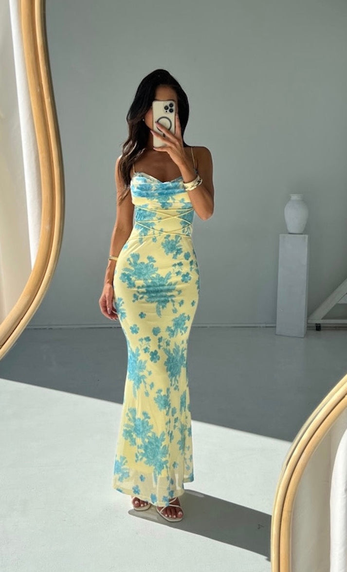 Women's Floral Maxi Dress with Cowl Neckline and Spaghetti Straps