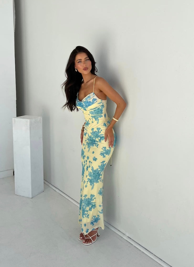 Women's Floral Maxi Dress with Cowl Neckline and Spaghetti Straps