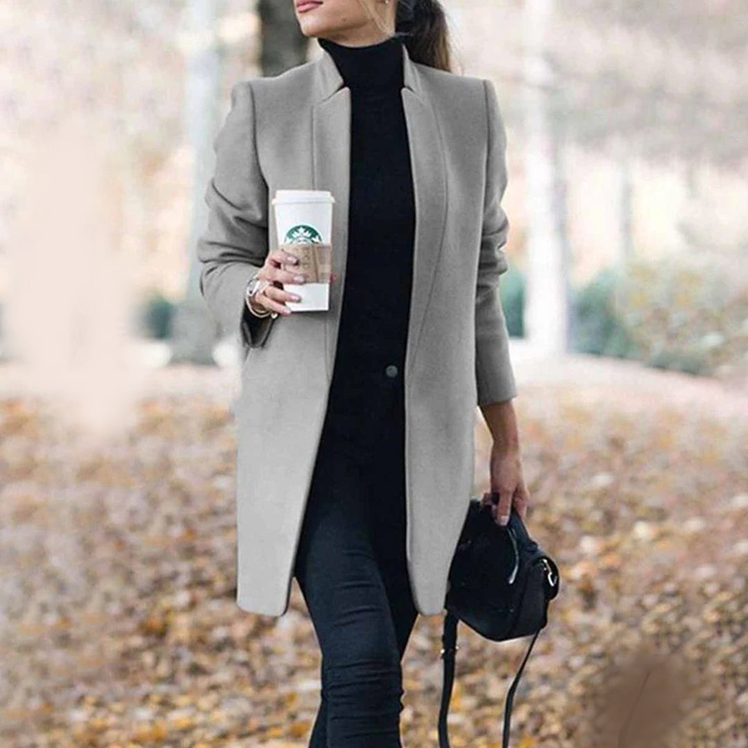 Women's Long Wool Trench Coat with Stand Collar and Sleek Fit