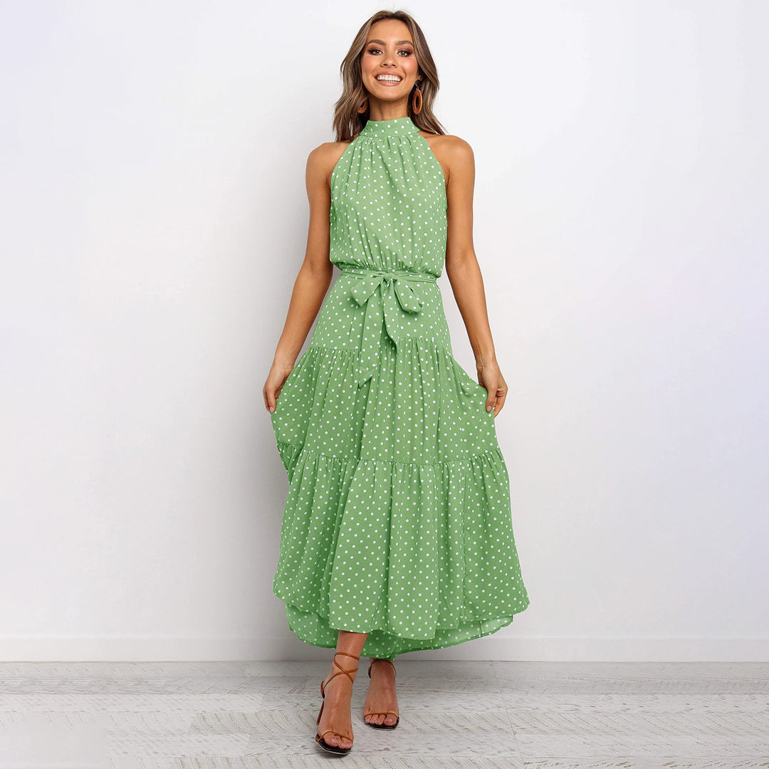 Women’s Polka Dot Halter Neck Maxi Dress with Tie Waist