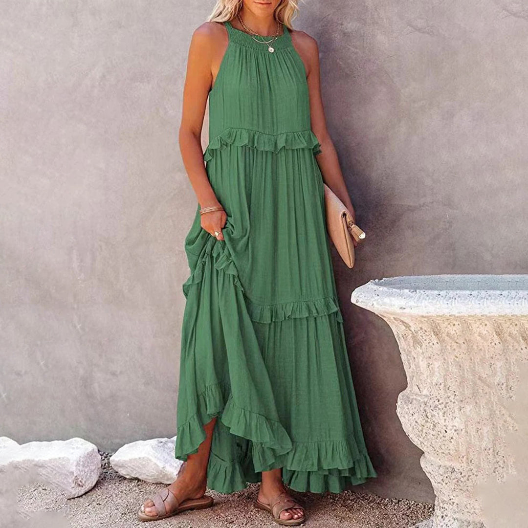 Women's Ruffled Halter Neck Maxi Dress with Layered Hemline