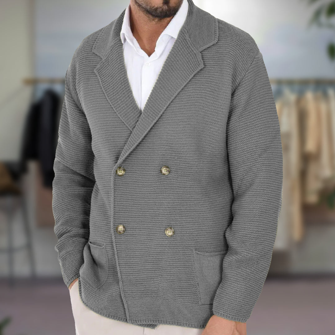 Men's Knit Cardigan with Double-Breasted Front and Blazer Lapel