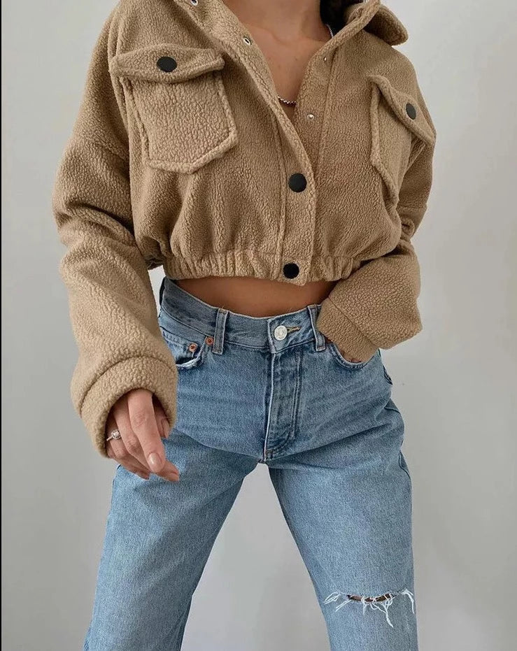 Women's Cropped Bomber Jacket with Button Front and Flap Pockets