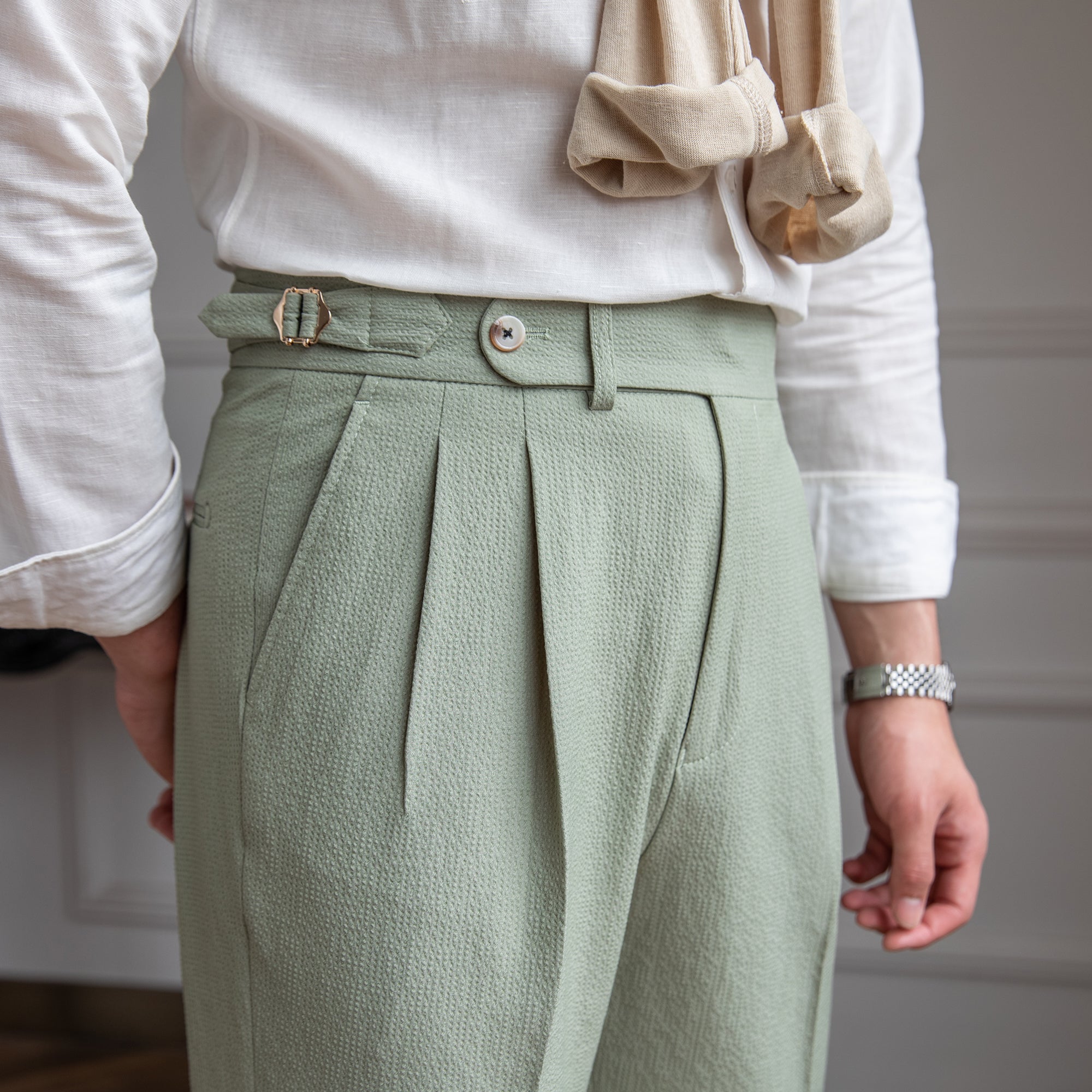 Men's High Waisted Work Trousers Pleated Ankle Length Classic Fit