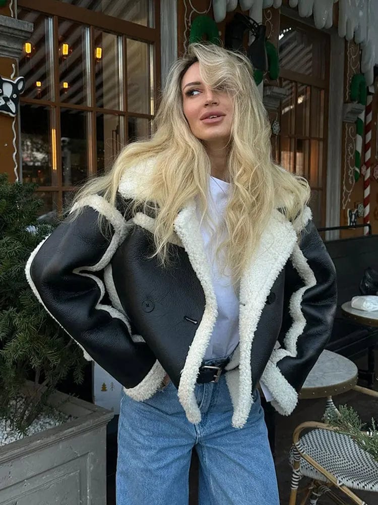 Women's Short Oversized Winter Jacket with Contrast Trim Design