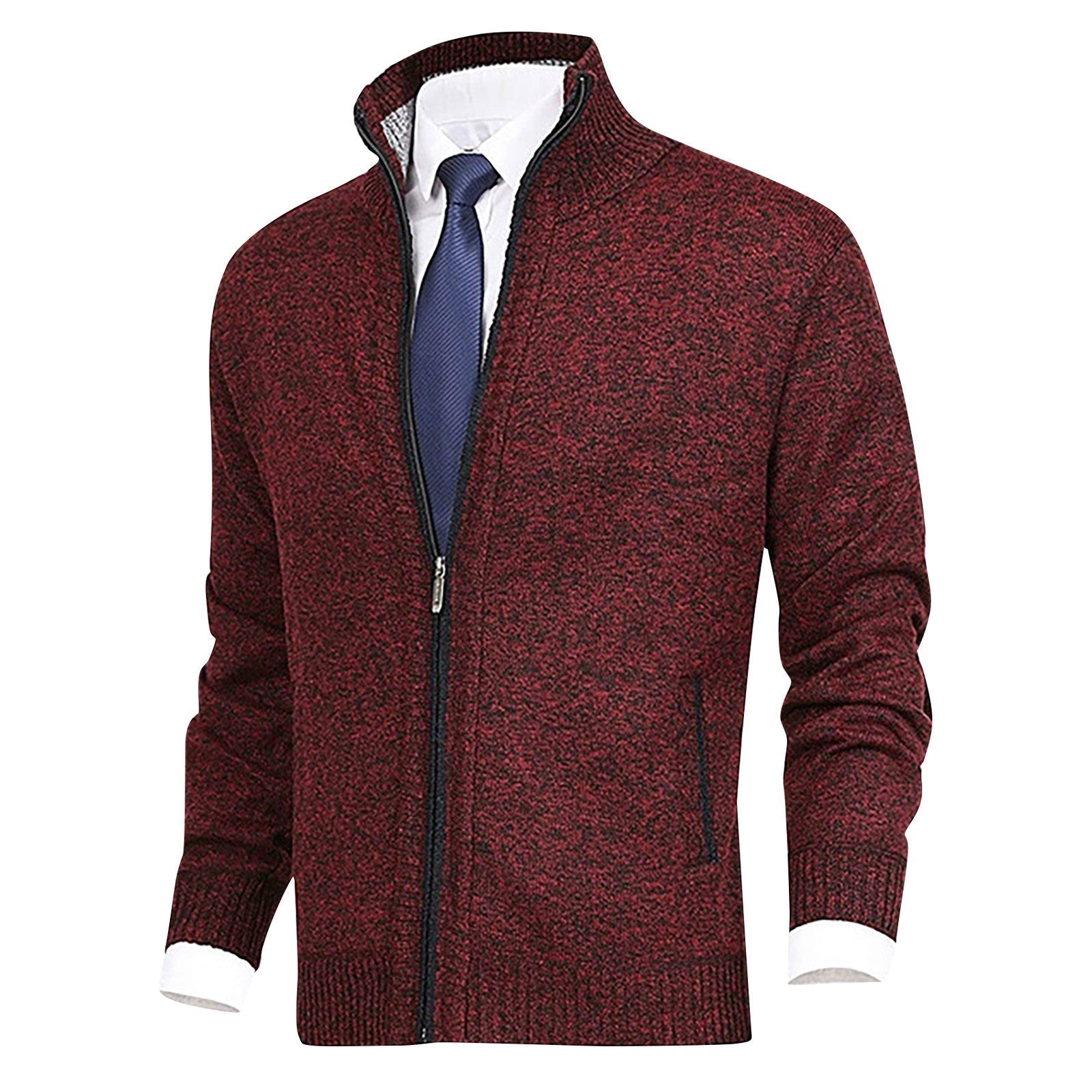 Men's Zip-Up Cardigan with Stand Collar and Ribbed Hem Detailing