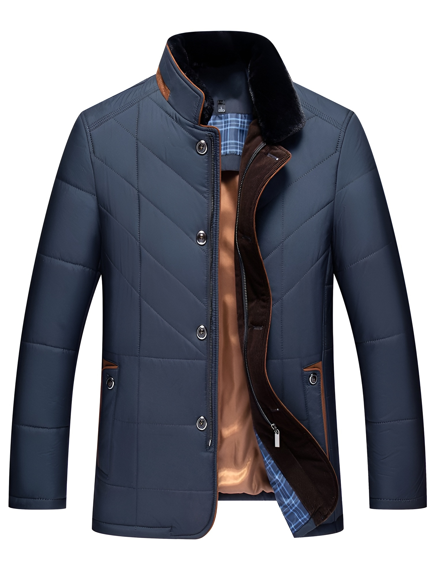 Men's Quilted Winter Jacket with Button and Zip Closure