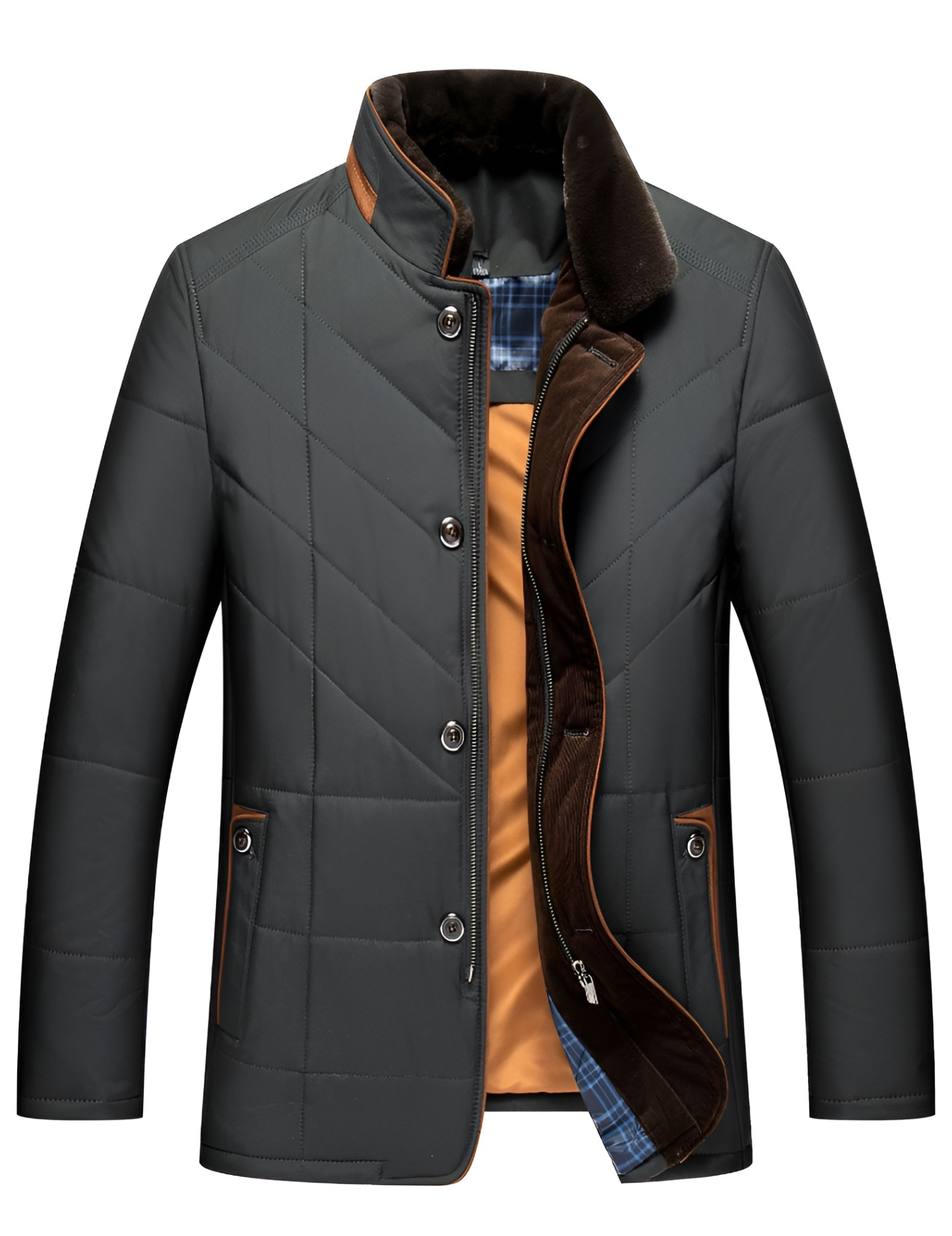 Men's Quilted Winter Jacket with Button and Zip Closure