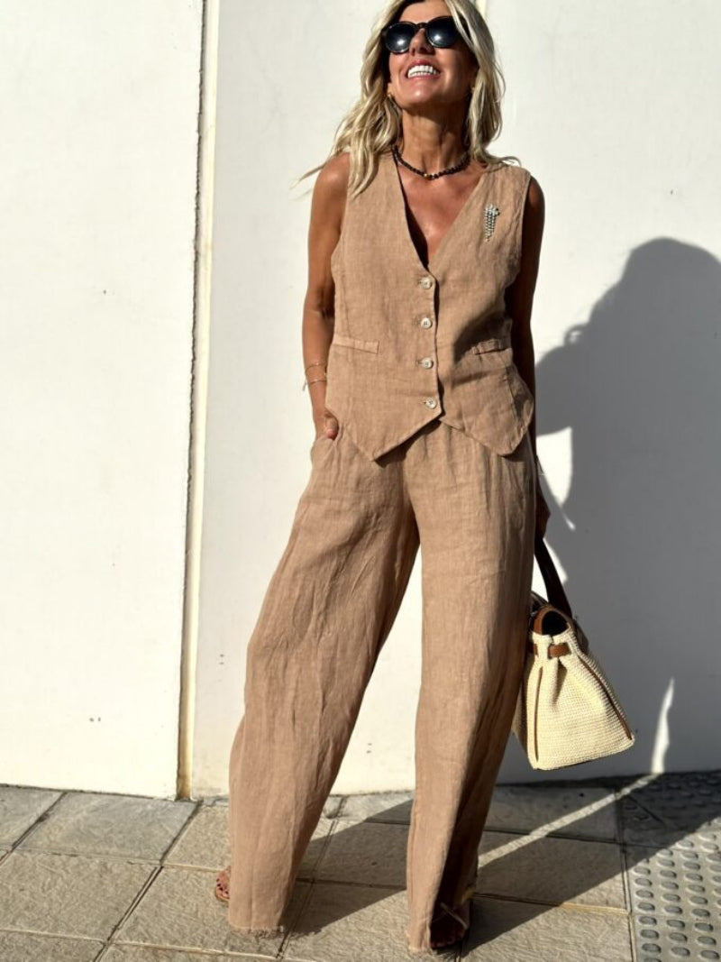 Women's Sleeveless Two-Piece Suit Set with Wide-Leg Trousers