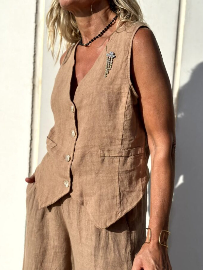 Women's Sleeveless Two-Piece Suit Set with Wide-Leg Trousers