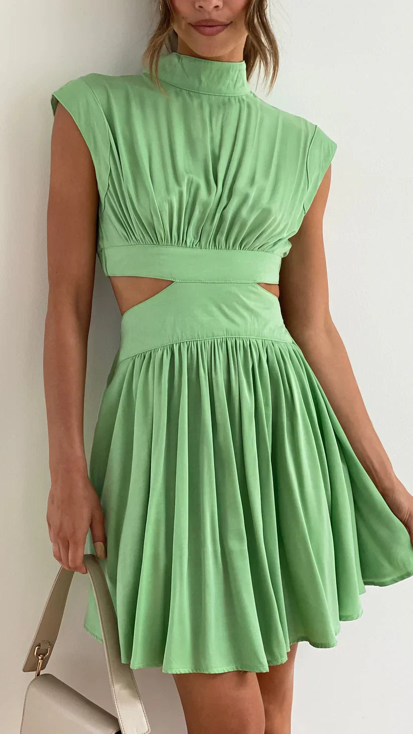 Women's High Neck Cutout Mini Dress with Pleated Skirt