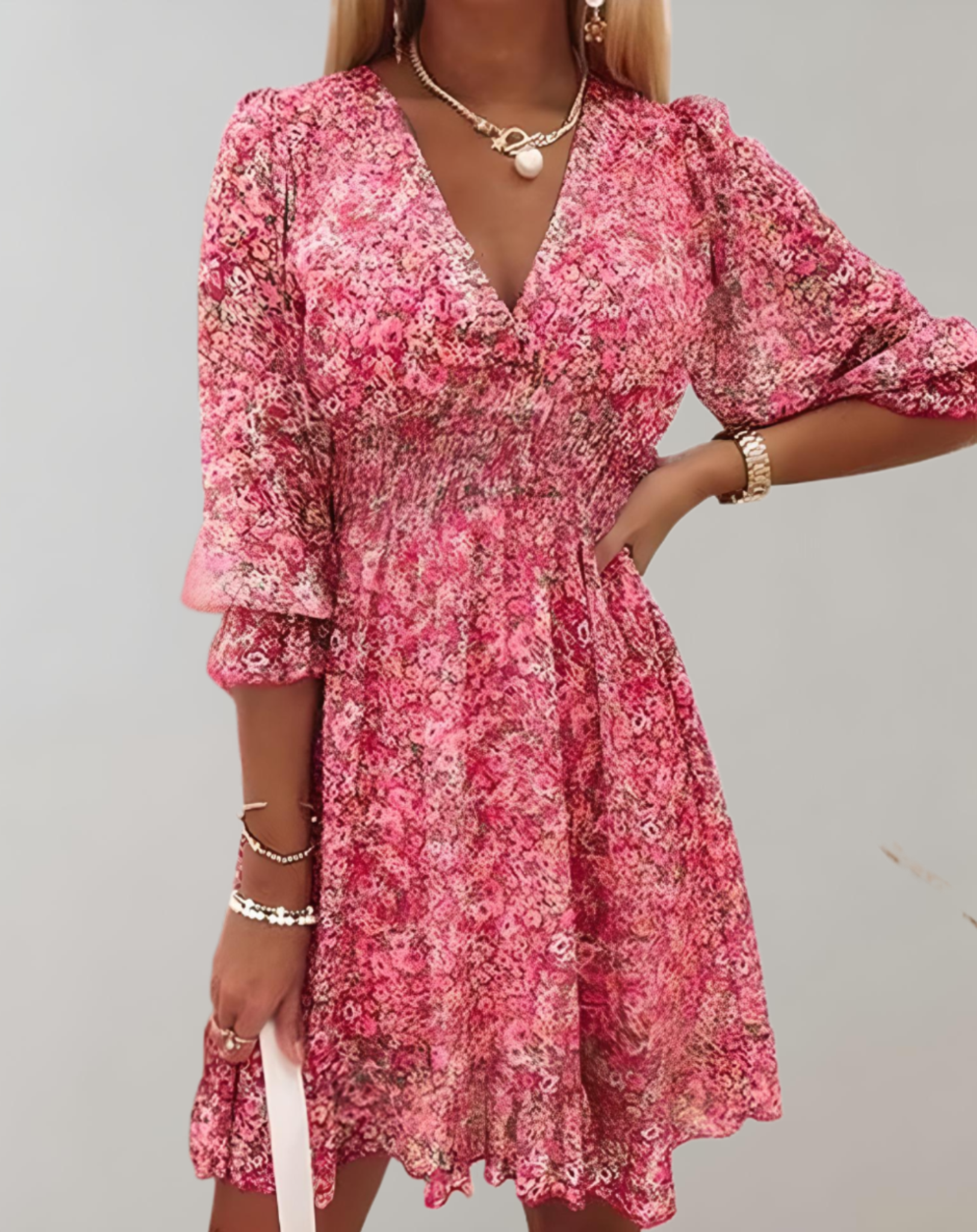 Women's Floral V-Neck Mini Dress with Smocked Waist and Ruffle Hem