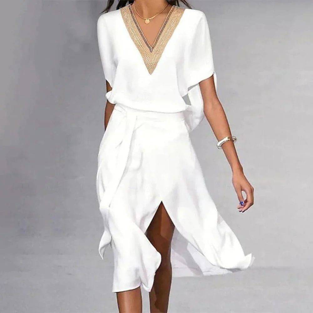 Women's V-Neck Midi Dress with Elegant Detailing