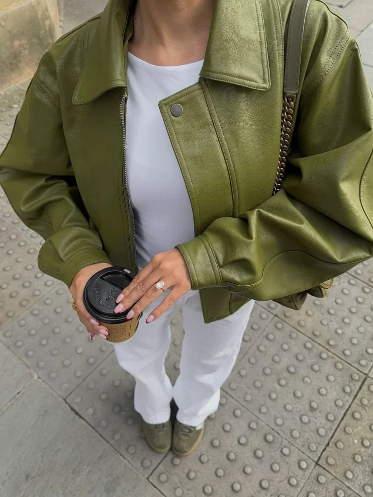 Women's Oversized Jacket with Zip Front and Flap Pockets
