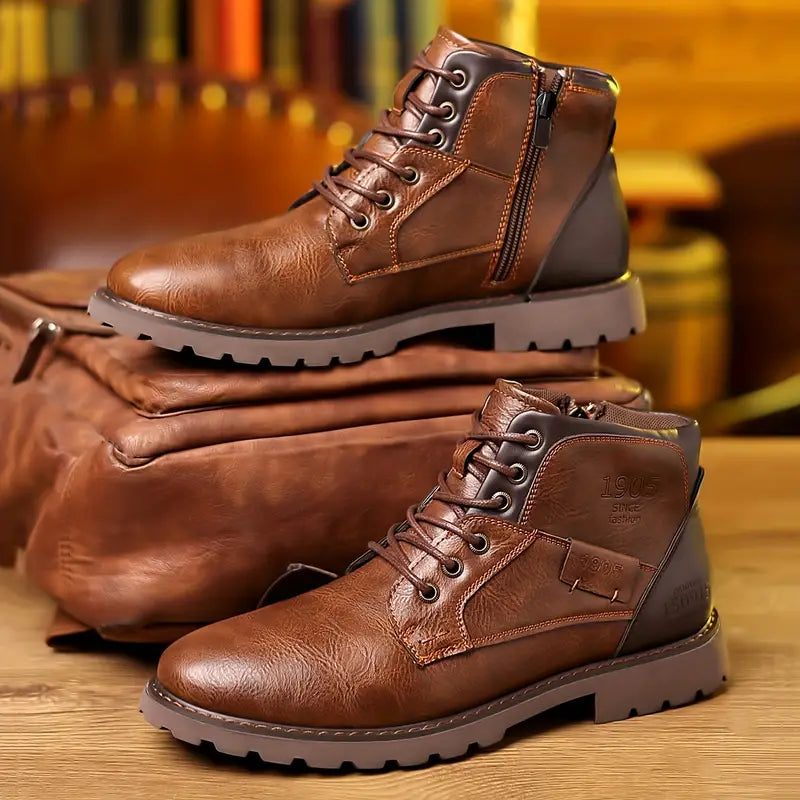 Men’s Lace-Up Ankle Boots with Side Zipper and Rugged Sole Design