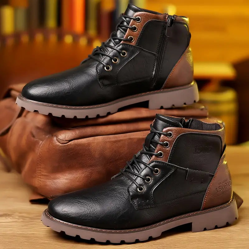 Men’s Lace-Up Ankle Boots with Side Zipper and Rugged Sole Design