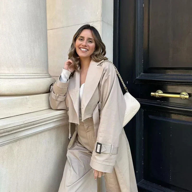 Women's Cropped Jacket with Belted Cuffs and Boxy Silhouette