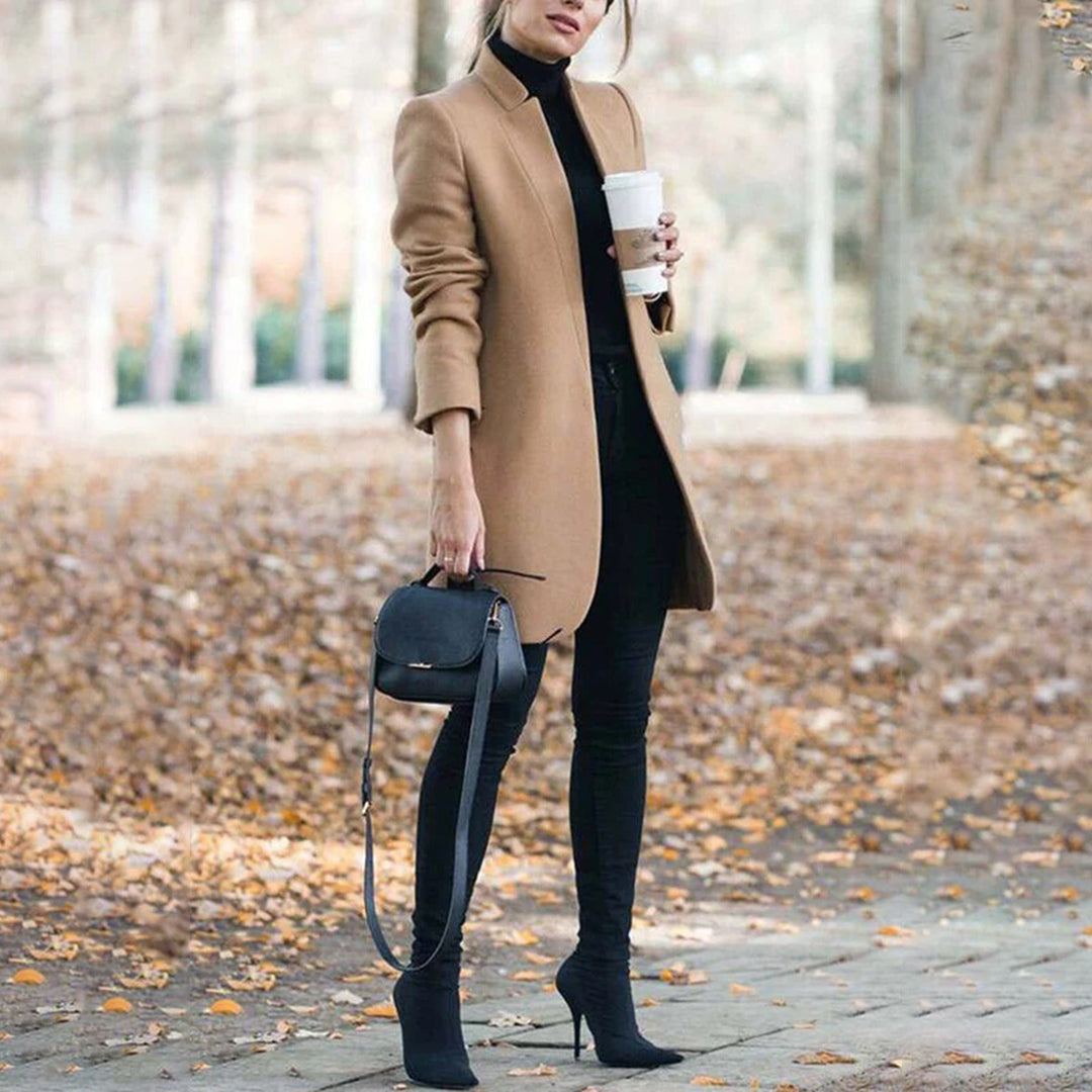Women's Long Wool Trench Coat with Stand Collar and Sleek Fit