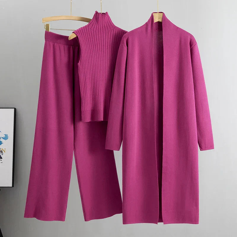 Women's 3-Piece Loungewear Set with Long Cardigan and Ribbed Top