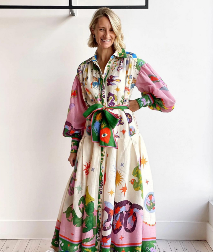 Women's Printed Maxi Dress with Belt and Button Front