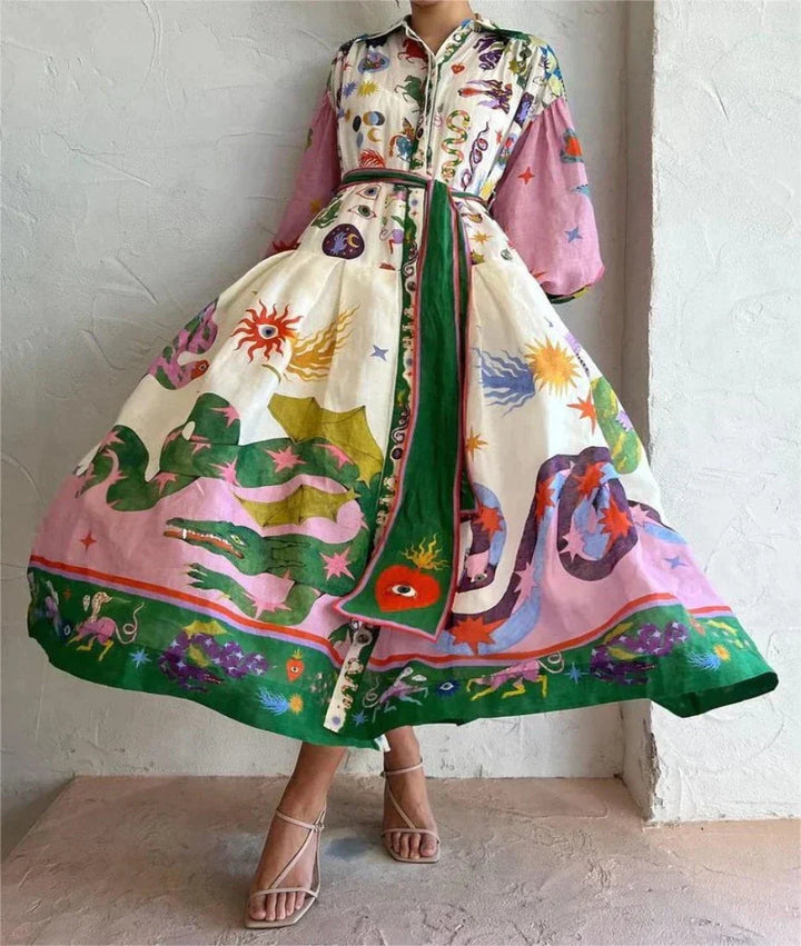 Women's Printed Maxi Dress with Belt and Button Front