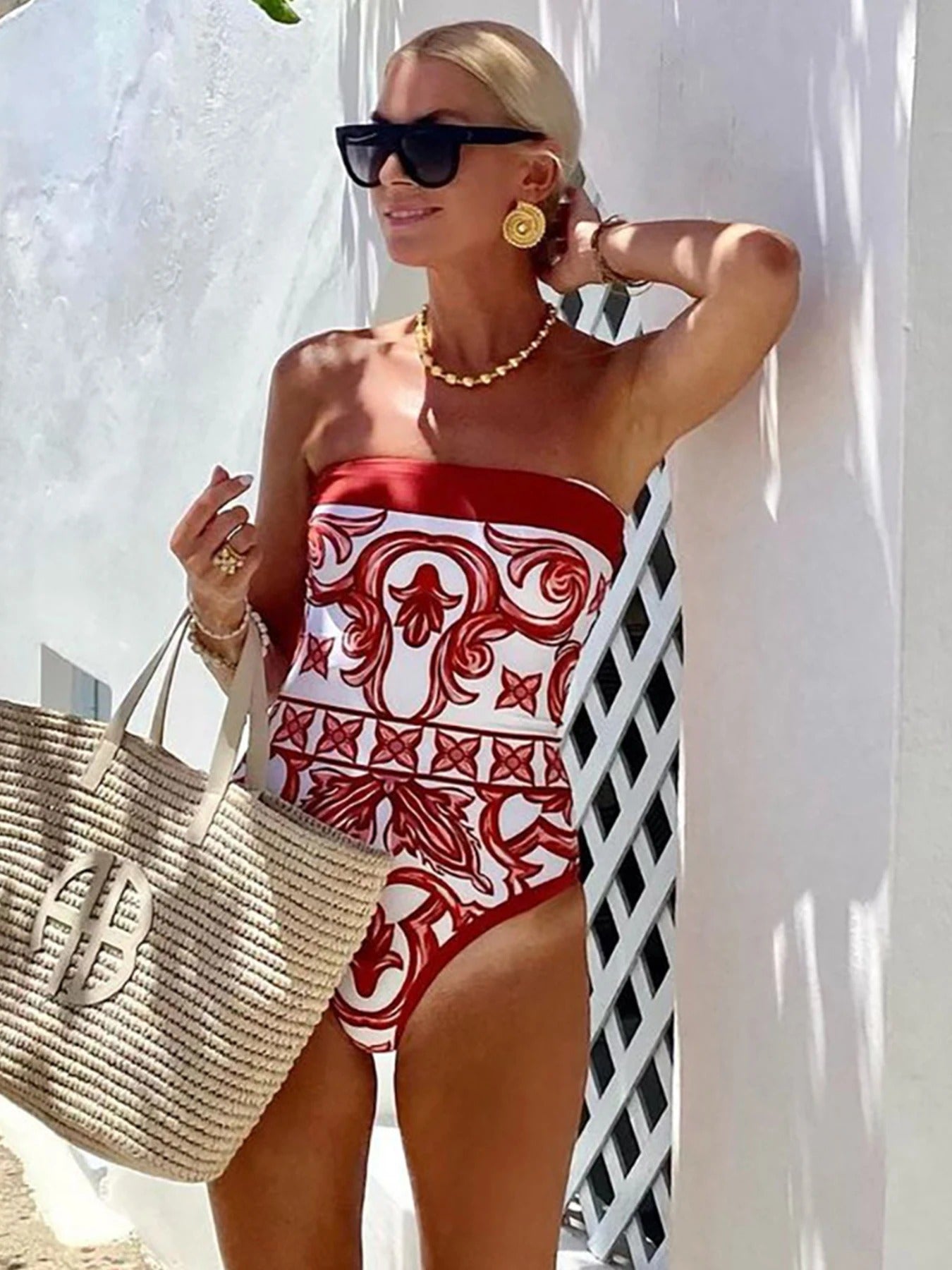 Women's Baroque Print Two-Piece Strapless Top and Wide-Leg Pants