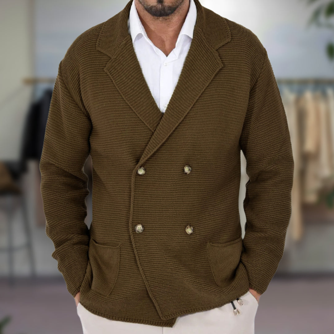 Men's Knit Cardigan with Double-Breasted Front and Blazer Lapel