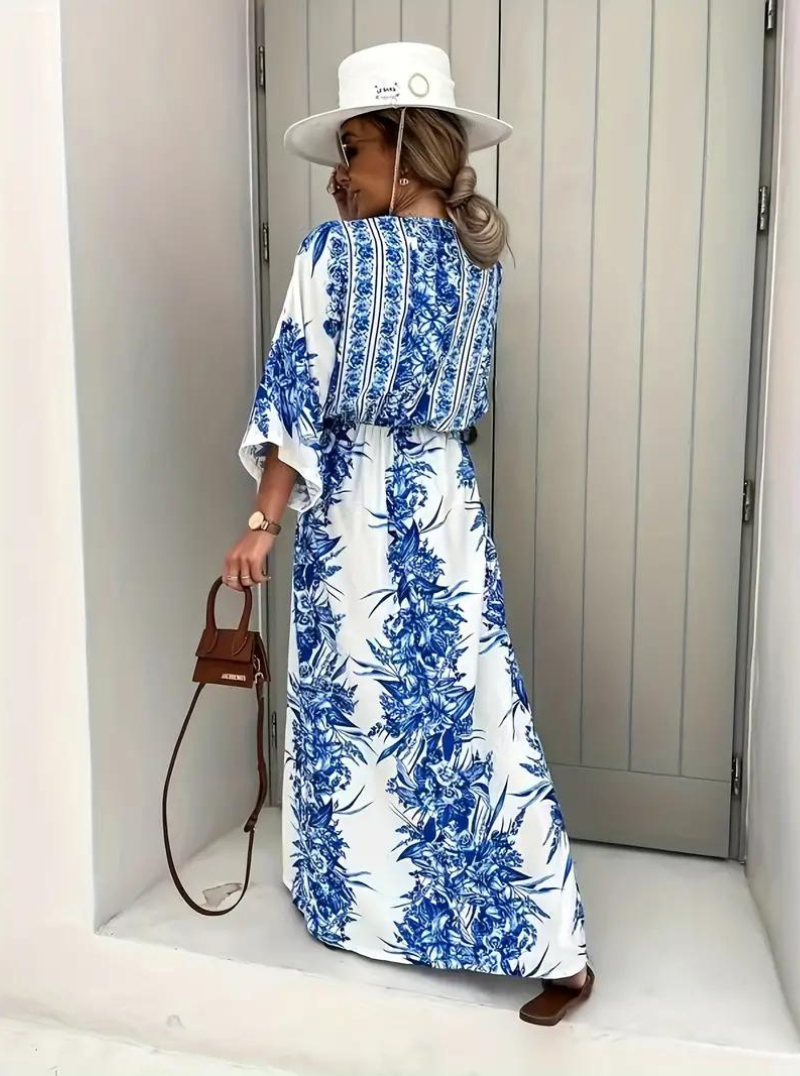 Women's V-Neck Kimono Sleeve Maxi Dress with Floral Print and Belt
