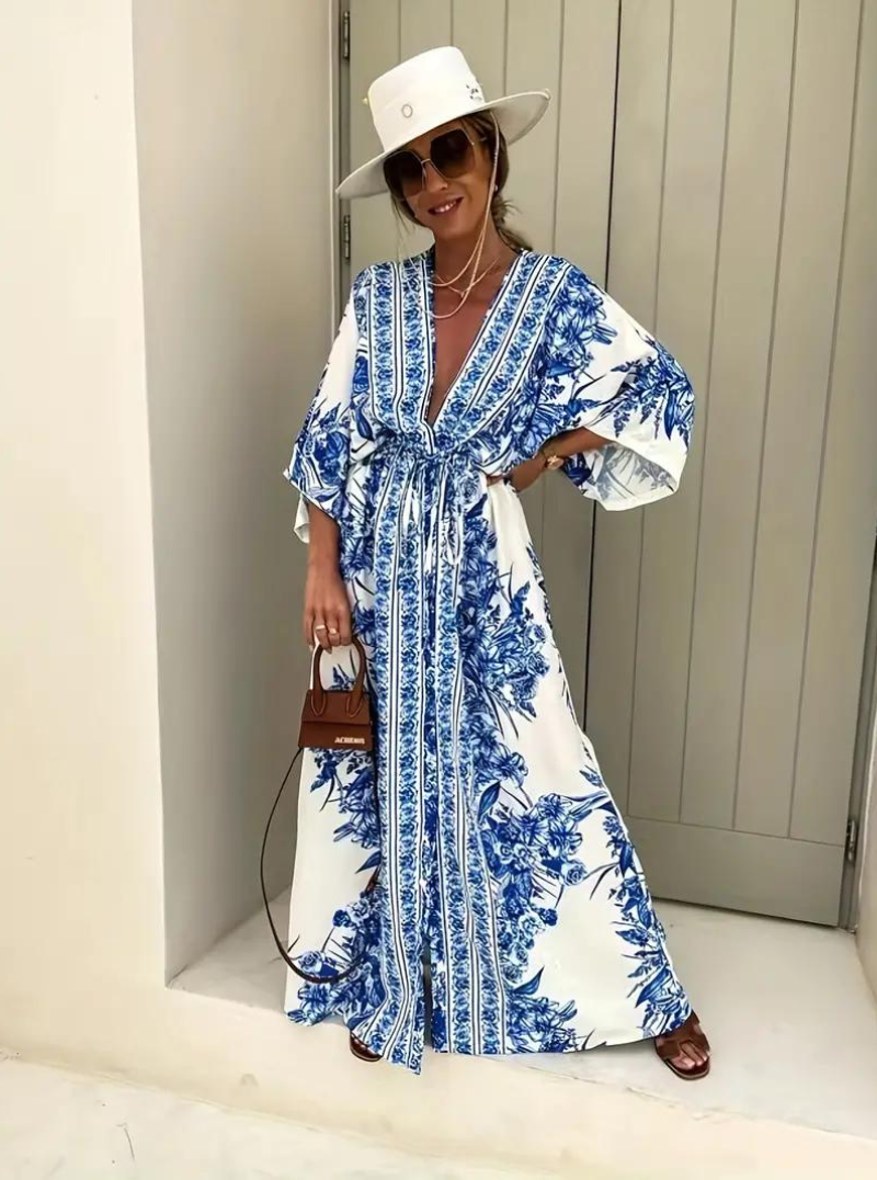Women's V-Neck Kimono Sleeve Maxi Dress with Floral Print and Belt