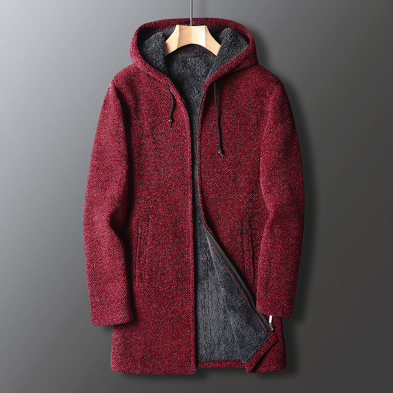 Men's Long Hooded Fleece Jacket with Zip Closure and Drawstring Hood