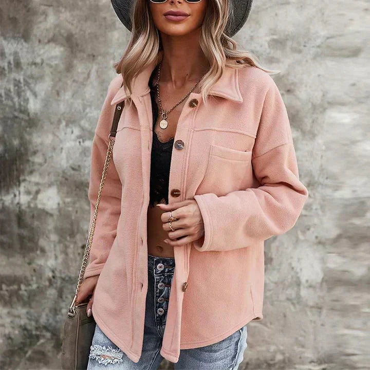 Women’s Button-Up Fleece Jacket with Chest Pocket and Relaxed Fit
