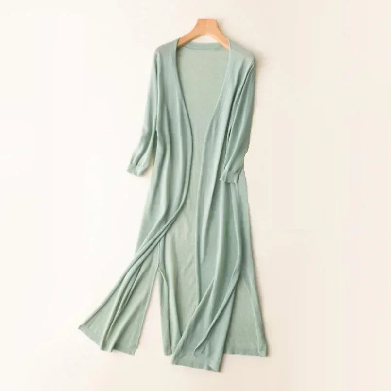 Women's Long Cardigan with Open Front and Long Sleeves