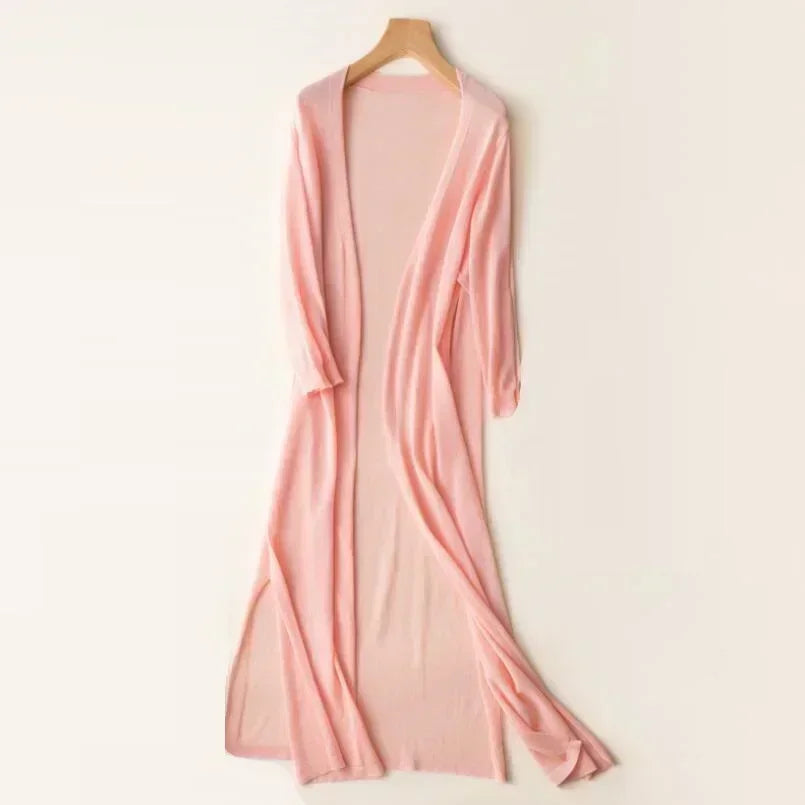 Women's Long Cardigan with Open Front and Long Sleeves