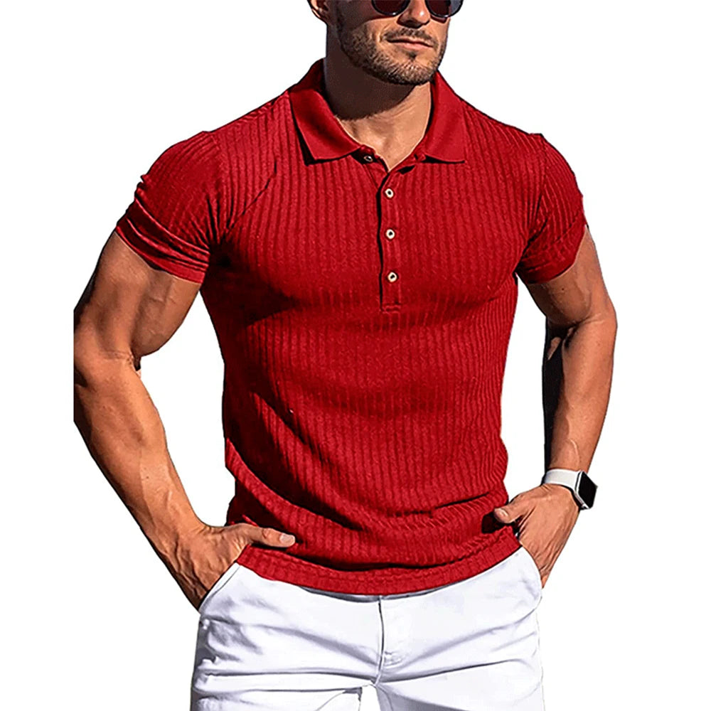 Men's Ribbed Stripe Short Sleeve Polo Shirt with Stand Collar