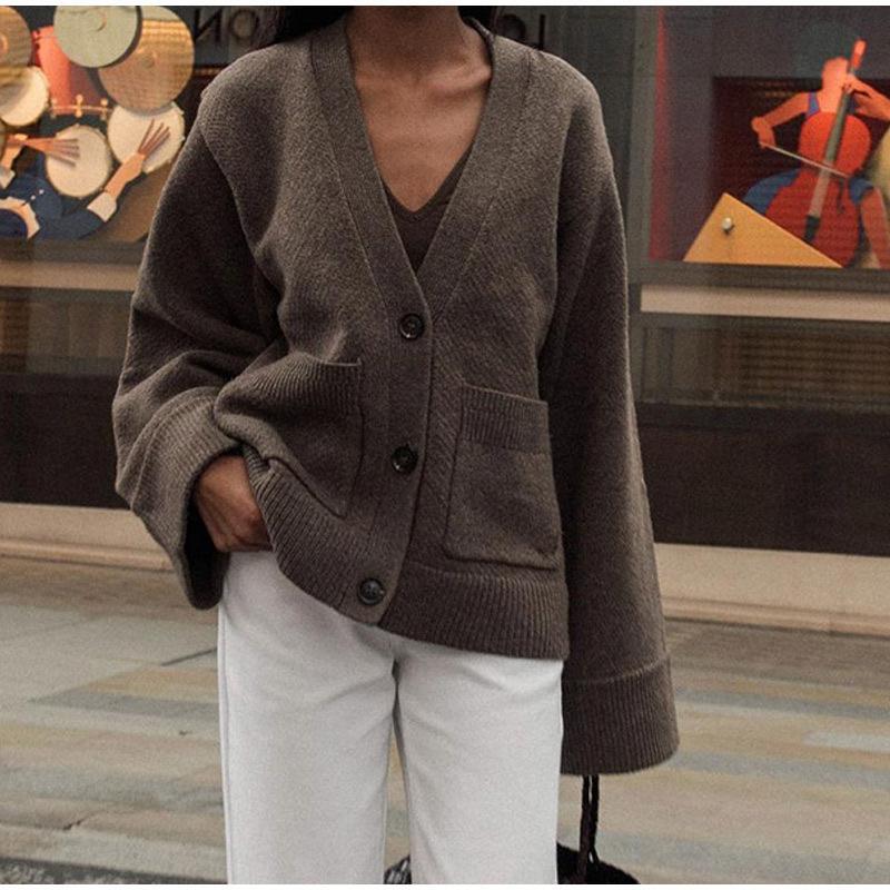 Women's V-Neck Button Cardigan with Ribbed Hem and Patch Pockets