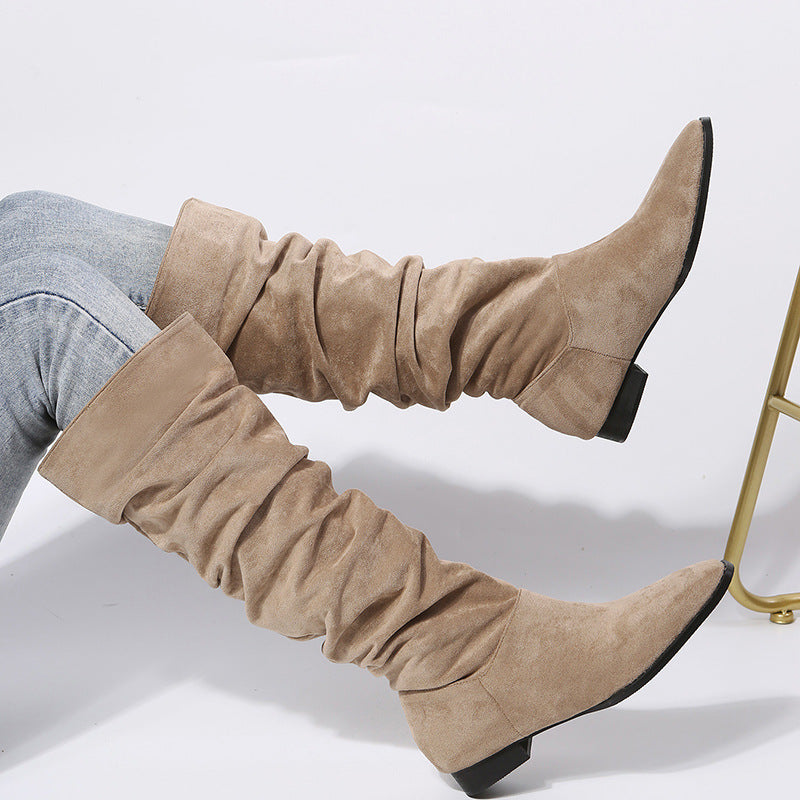 Women's Knee High Boots with Pointed Toe and Flat Sole