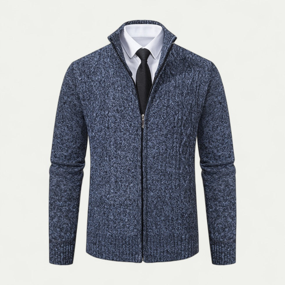 Men's Cable-Knit Zip-Up Cardigan with High Collar and Ribbed Hem