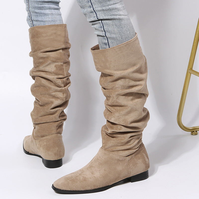 Women's Knee High Boots with Pointed Toe and Flat Sole