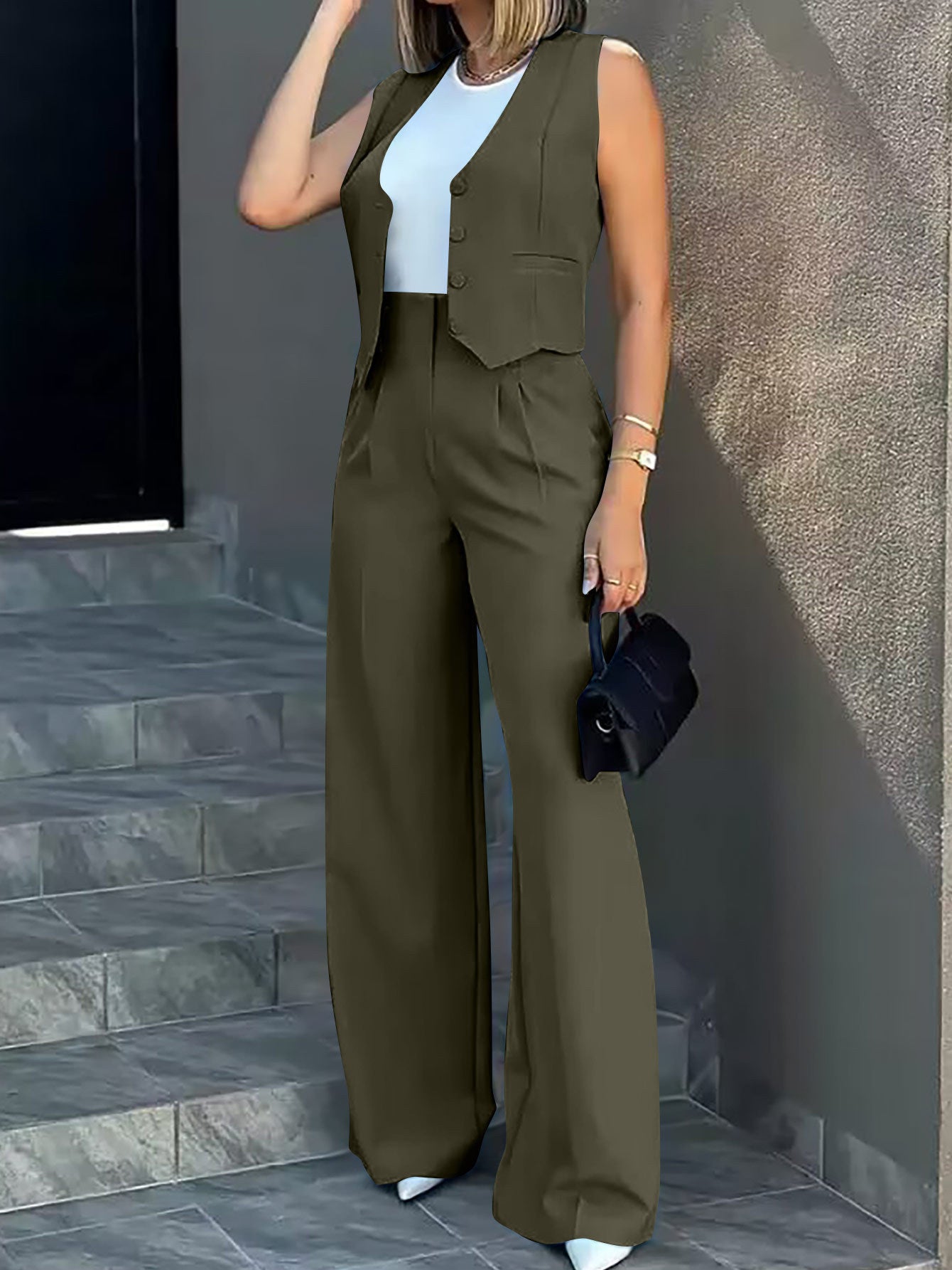 Women’s Tailored Two Piece Suit Set with Sleeveless Vest and Wide-Leg Trousers