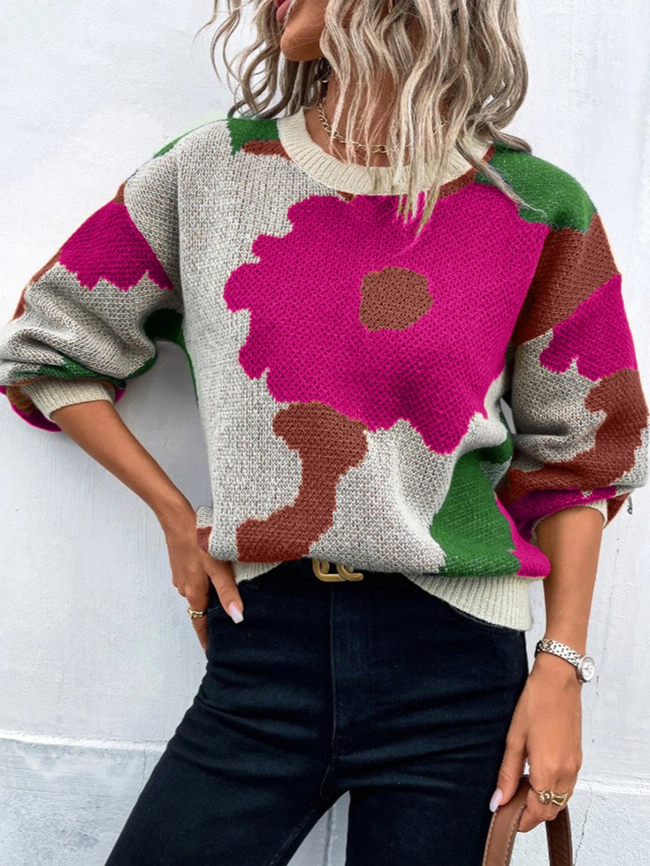 Women’s Patterned Knit Jumper with Round Neck and Balloon Sleeves