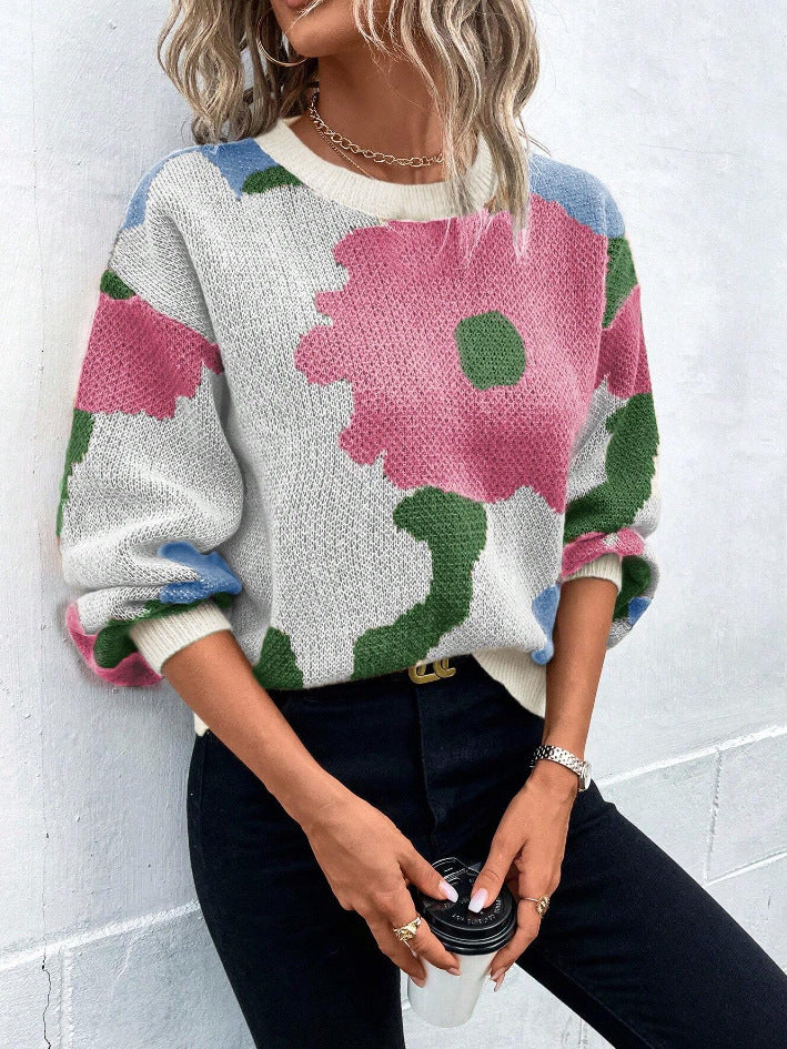 Women’s Patterned Knit Jumper with Round Neck and Balloon Sleeves