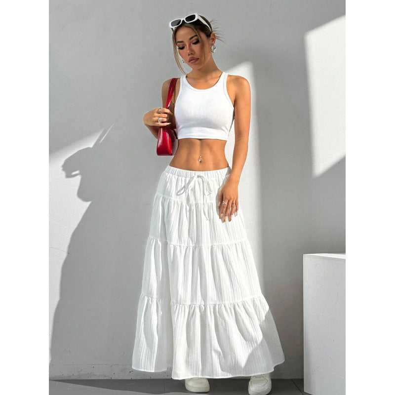 Women's A-Line Maxi Skirt with Tiered Design and Drawstring Waist