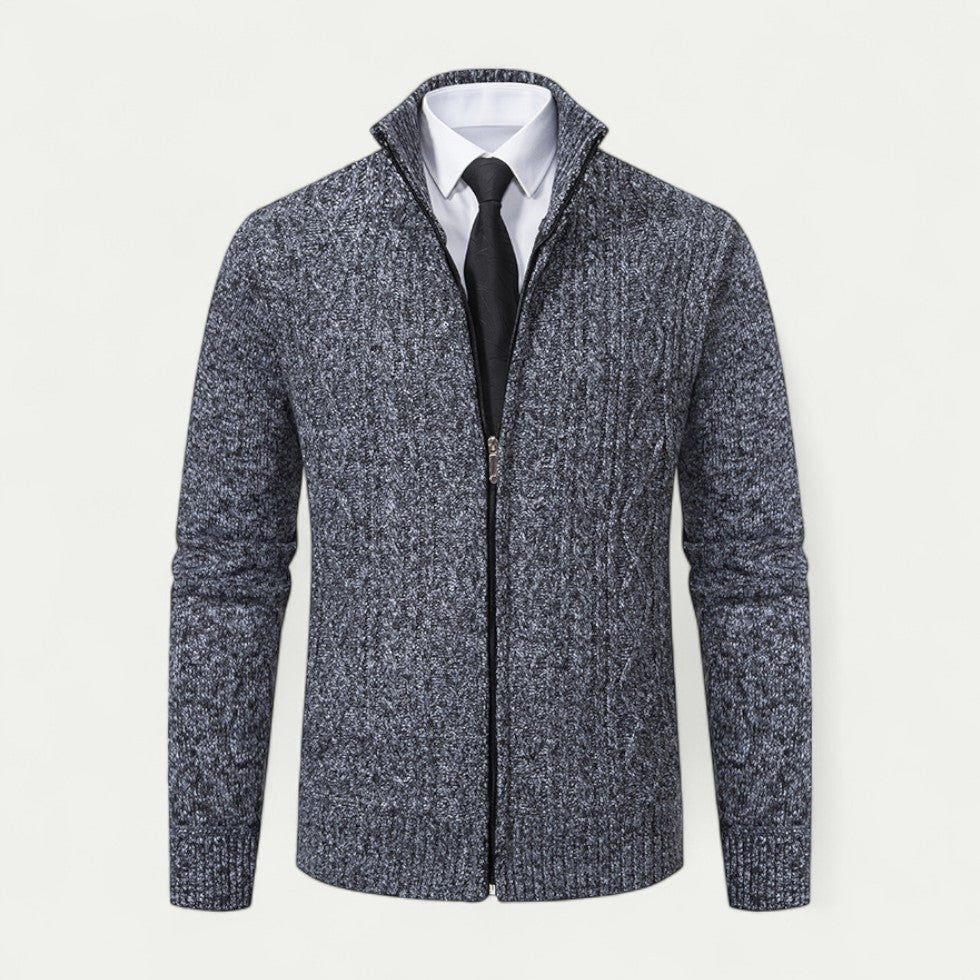 Men's Cable-Knit Zip-Up Cardigan with High Collar and Ribbed Hem